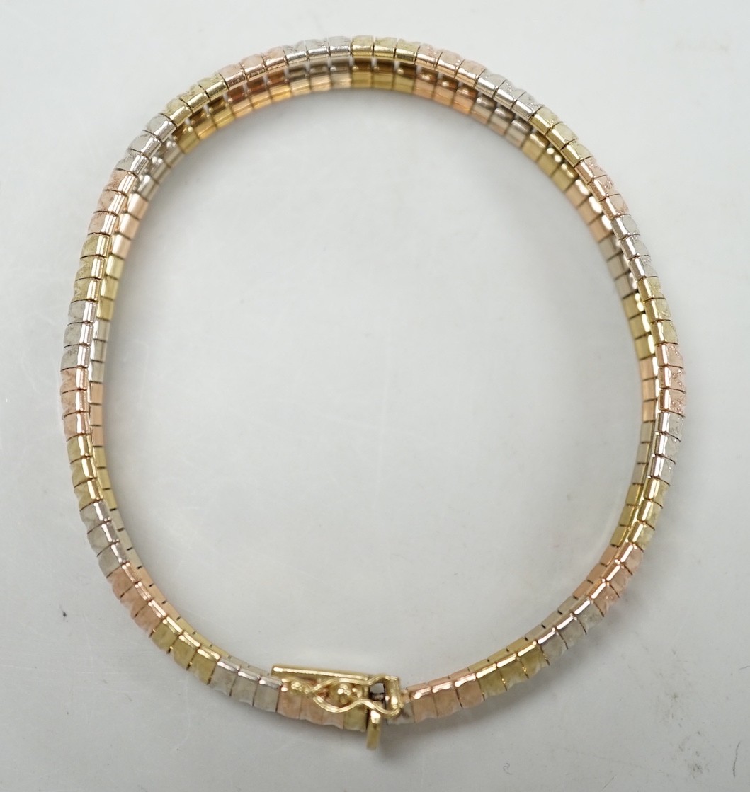 A modern Italian three colour 9ct gold bracelet, 18cm, 18 grams.